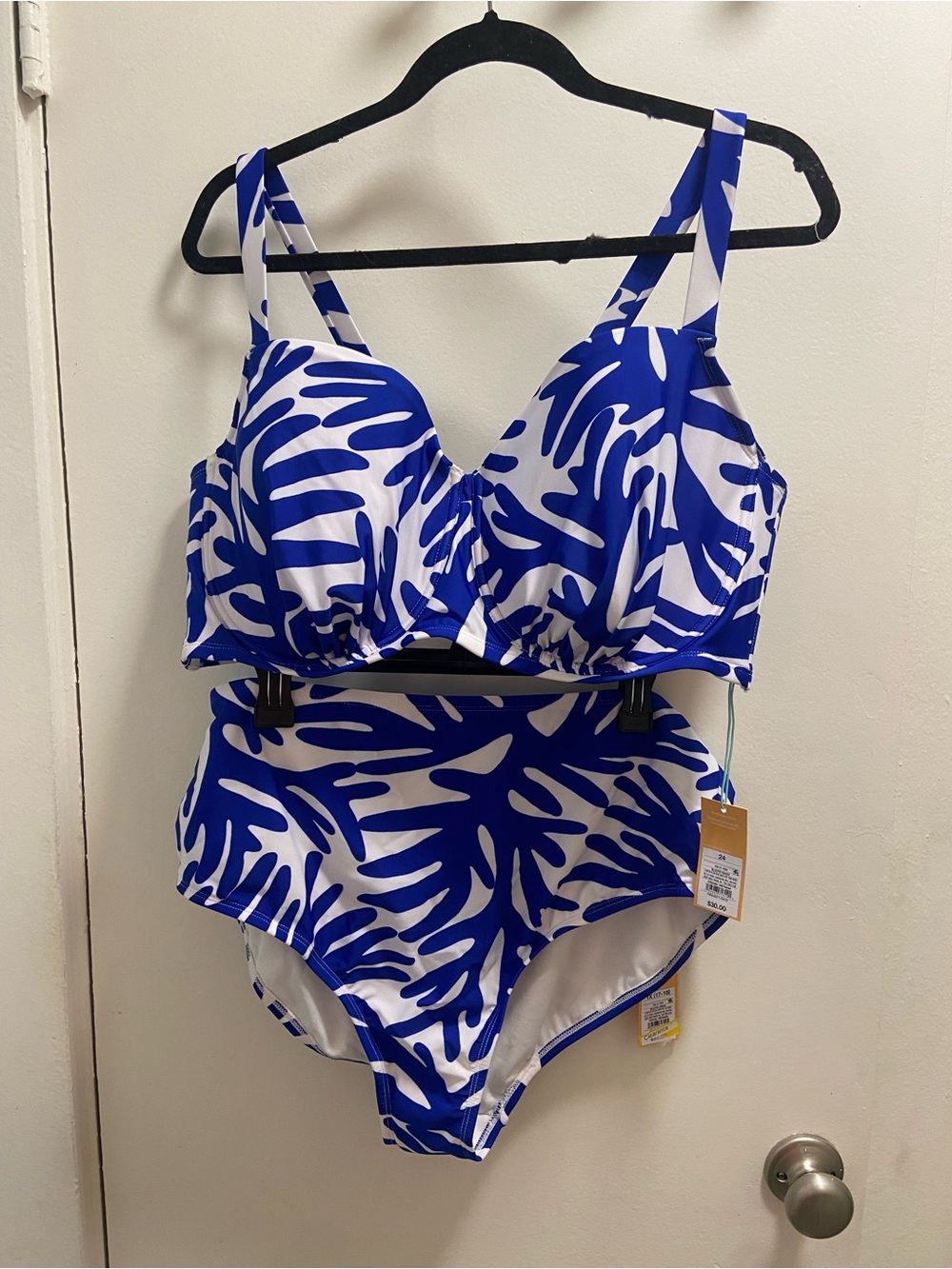 Lands' End White & Blue High-Waist Two-Piece Bikini with Bold Leaf Print